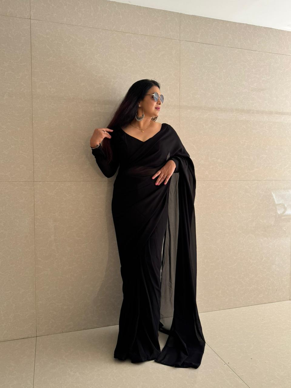 READY TO WEAR GEORGETTE SAREE WITH STICHED BLOUSE - BLACK