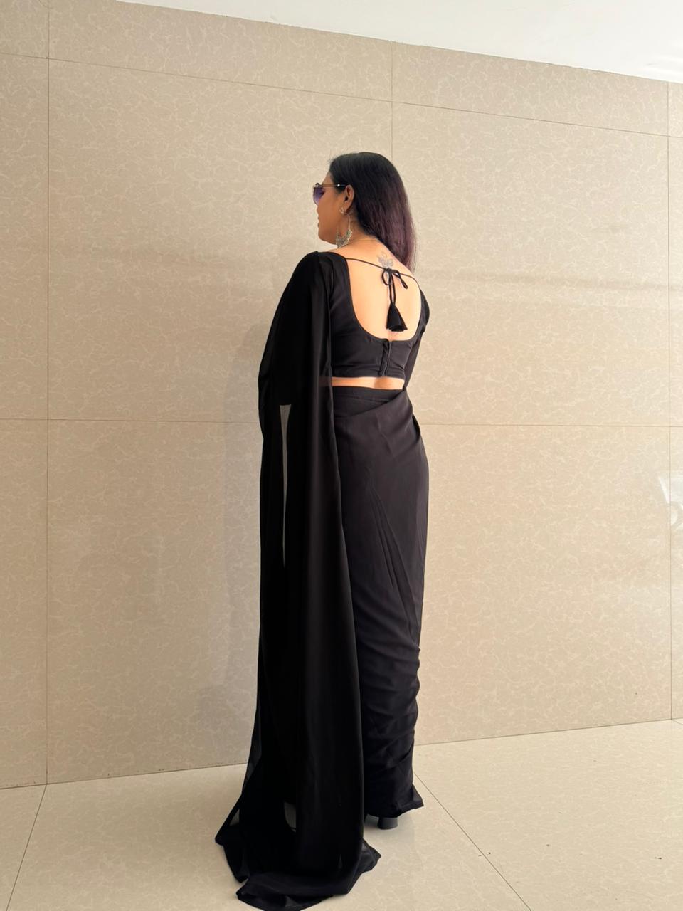 READY TO WEAR GEORGETTE SAREE WITH STICHED BLOUSE - BLACK