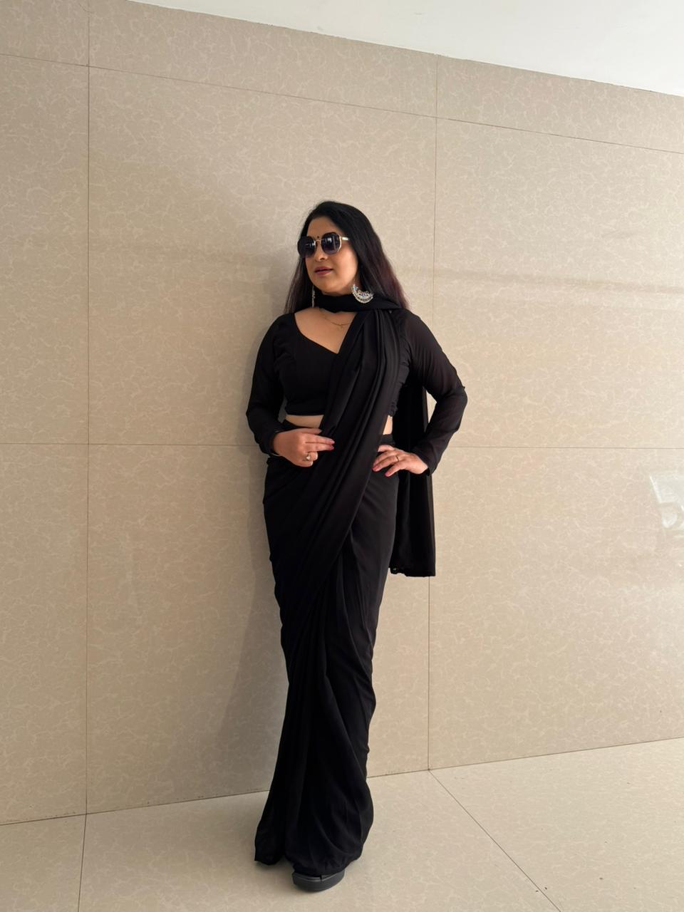 READY TO WEAR GEORGETTE SAREE WITH STICHED BLOUSE - BLACK