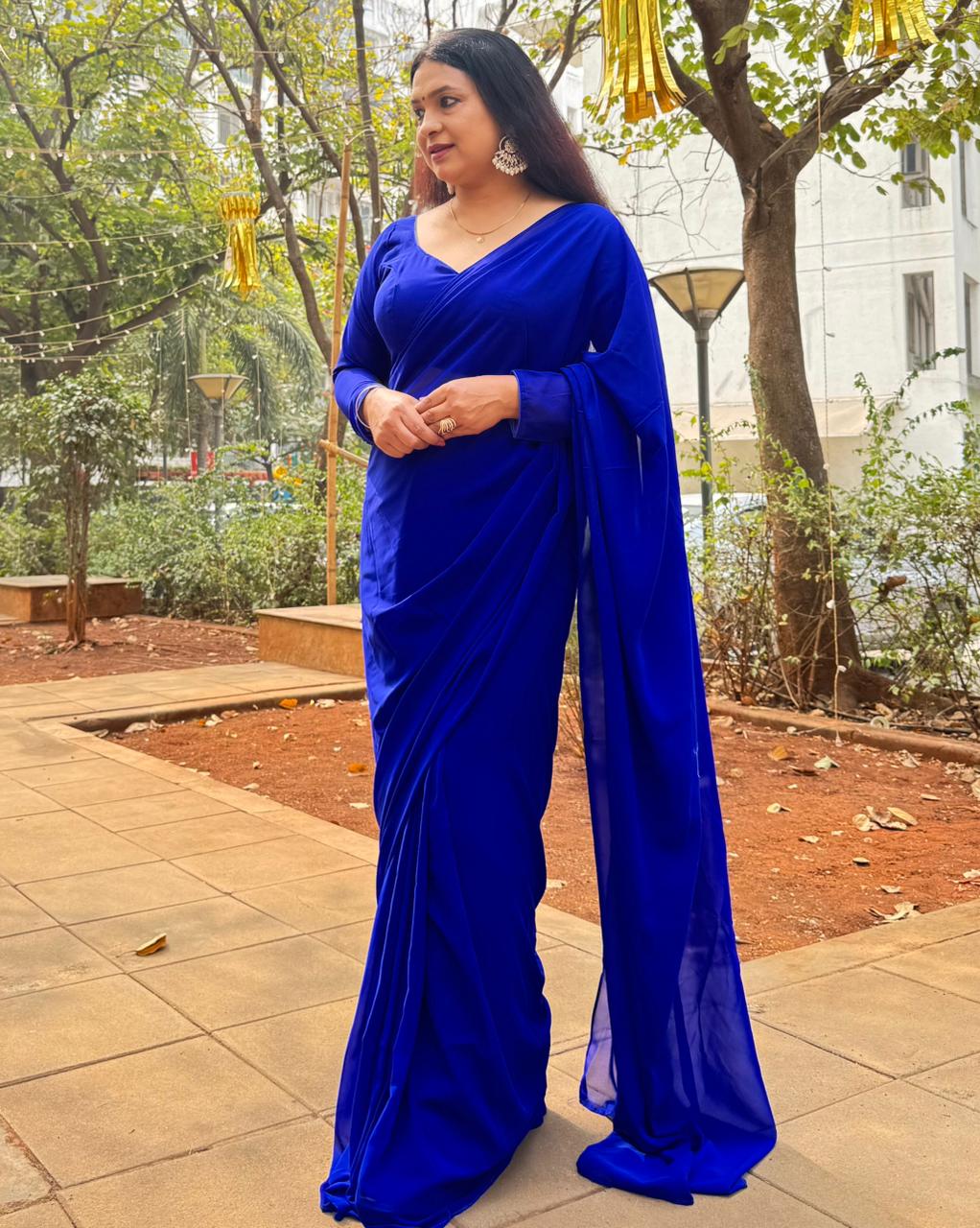 READY TO WEAR GEORGETTE SAREE WITH STICHED BLOUSE - BLUE