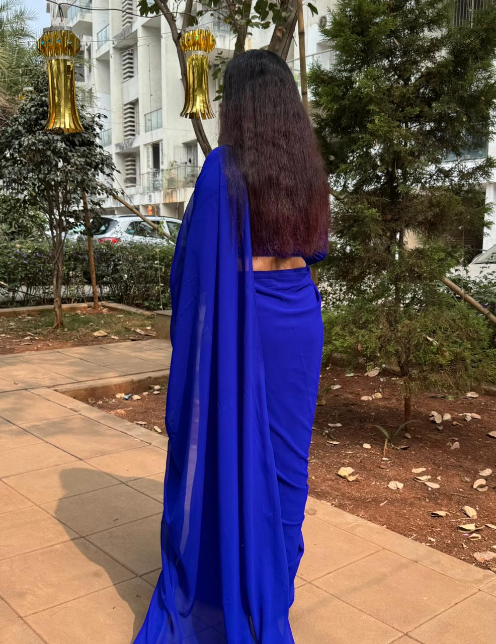 READY TO WEAR GEORGETTE SAREE WITH STICHED BLOUSE - BLUE