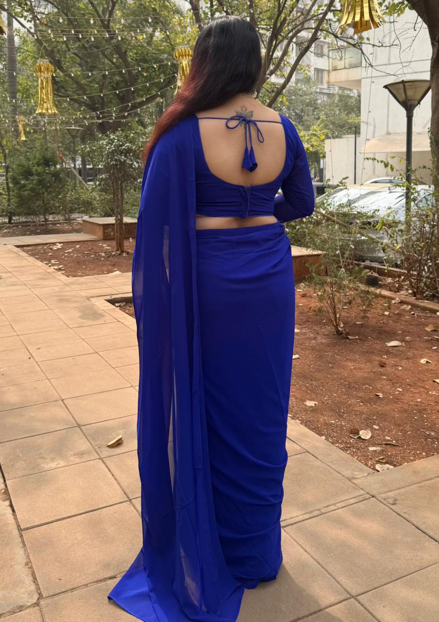 READY TO WEAR GEORGETTE SAREE WITH STICHED BLOUSE - BLUE