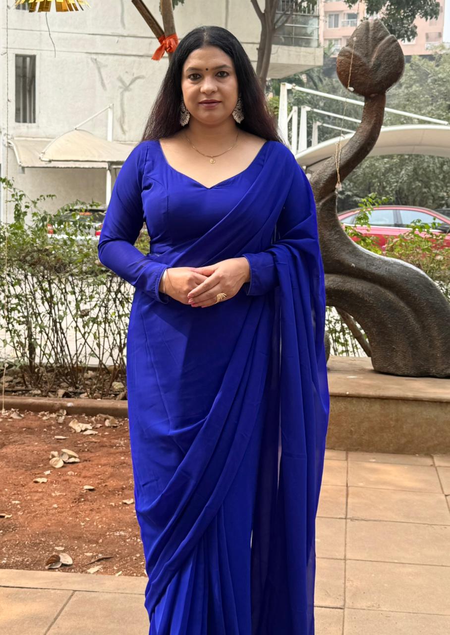 READY TO WEAR GEORGETTE SAREE WITH STICHED BLOUSE - BLUE