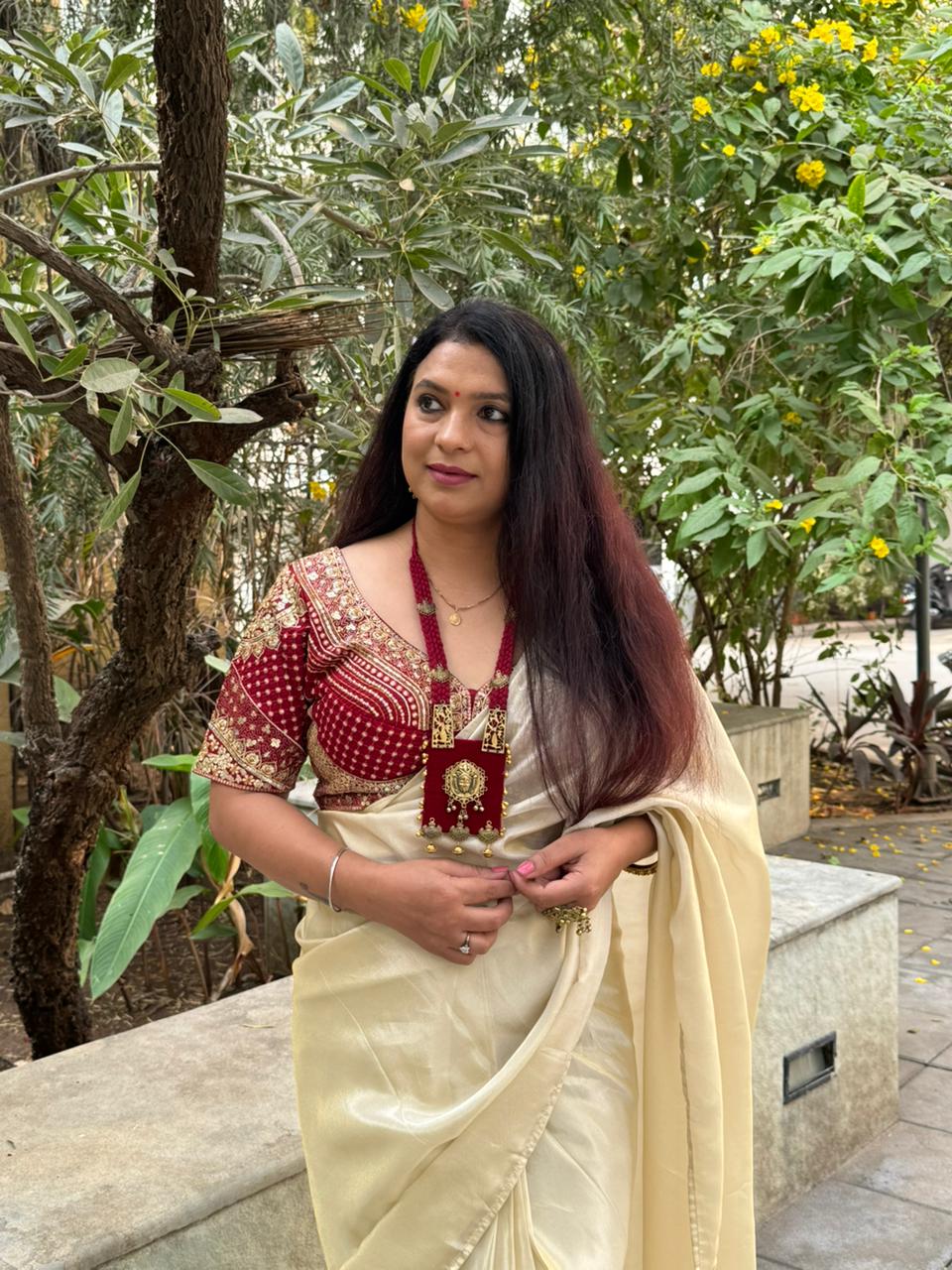 PURE TISSUE SILK READY TO WEAR SAREE WITH STICHED BLOUSE - IVORY