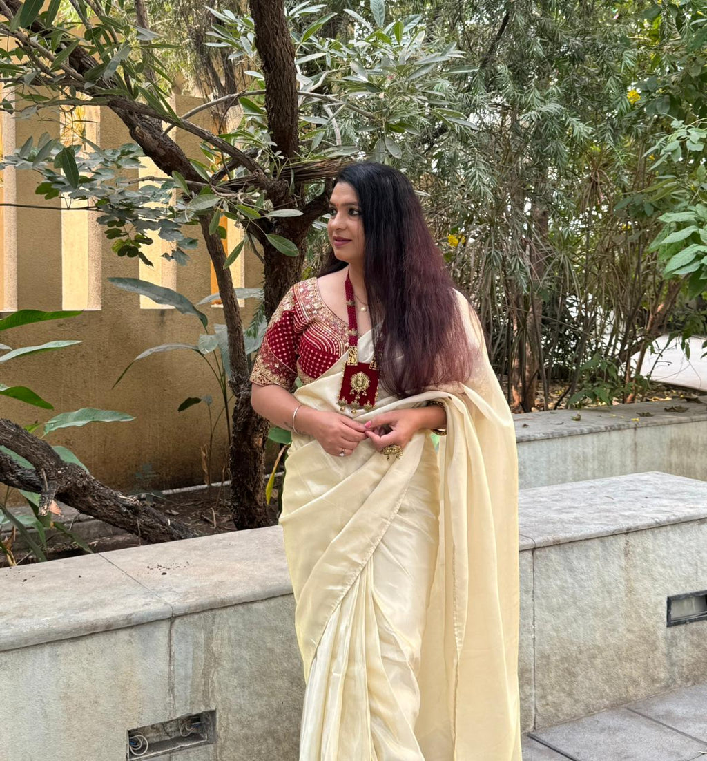 PURE TISSUE SILK READY TO WEAR SAREE WITH STICHED BLOUSE - IVORY