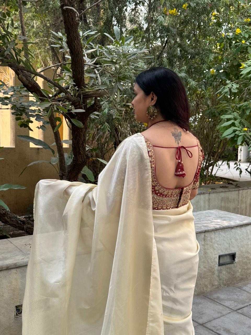 PURE TISSUE SILK READY TO WEAR SAREE WITH STICHED BLOUSE - IVORY