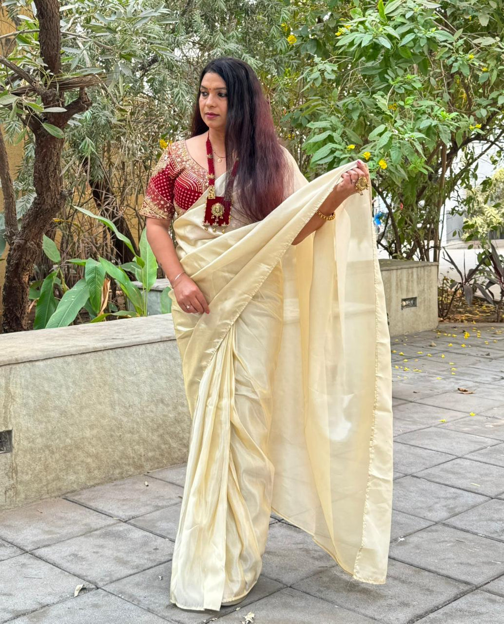 PURE TISSUE SILK READY TO WEAR SAREE WITH STICHED BLOUSE - IVORY