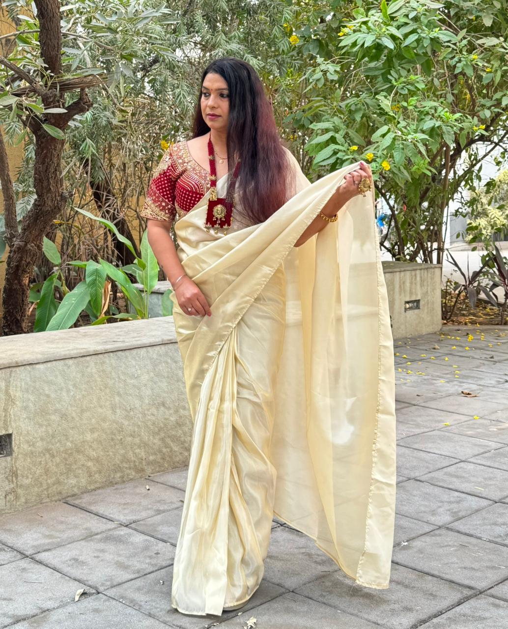 PURE TISSUE SILK READY TO WEAR SAREE WITH STICHED BLOUSE - IVORY