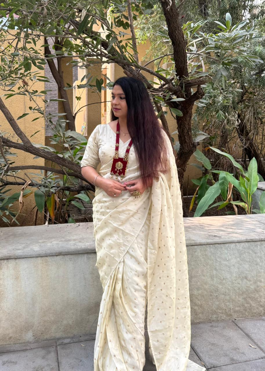 PURE TISSUE SILK SAREE WITH STICHED BLOUSE - IVORY WITH SUBTLE GOLDEN UNDERTONE