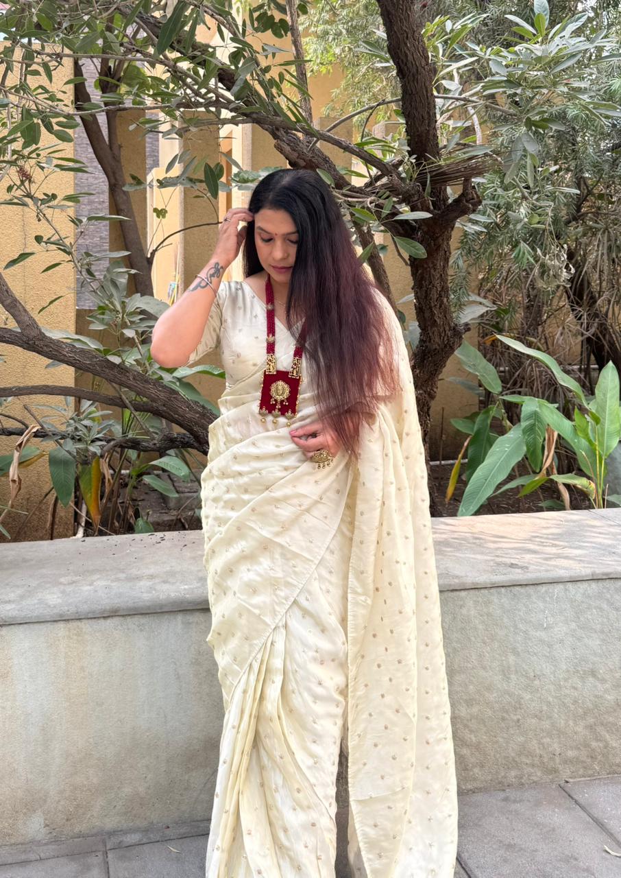 PURE TISSUE SILK SAREE WITH STICHED BLOUSE - IVORY WITH SUBTLE GOLDEN UNDERTONE