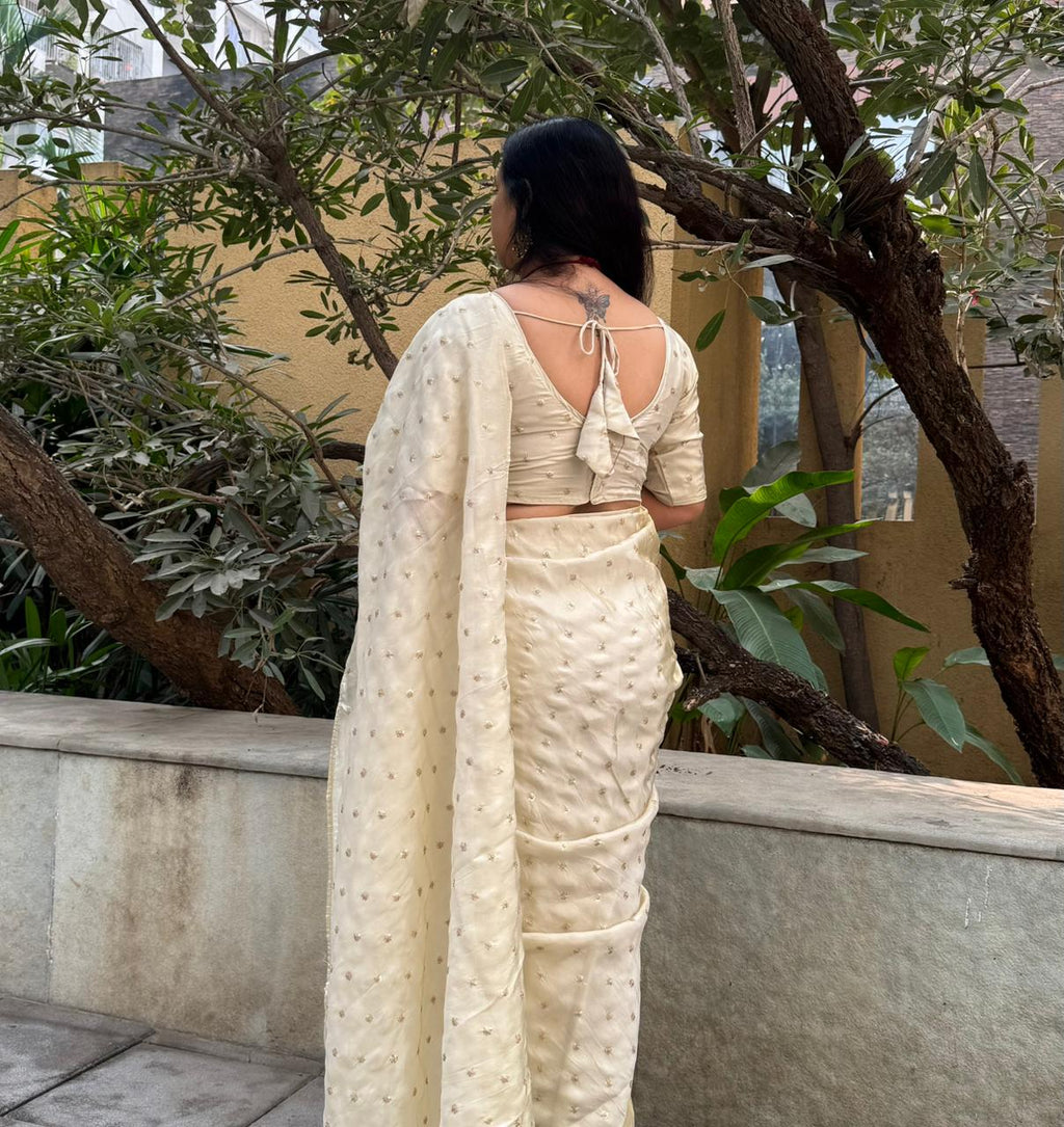 PURE TISSUE SILK SAREE WITH STICHED BLOUSE - IVORY WITH SUBTLE GOLDEN UNDERTONE