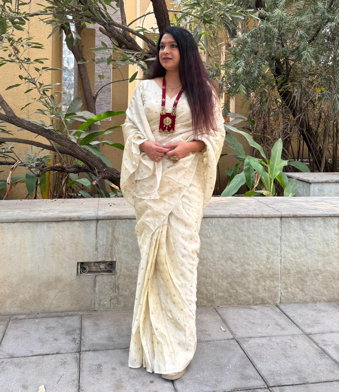 PURE TISSUE SILK SAREE WITH STICHED BLOUSE - IVORY WITH SUBTLE GOLDEN UNDERTONE